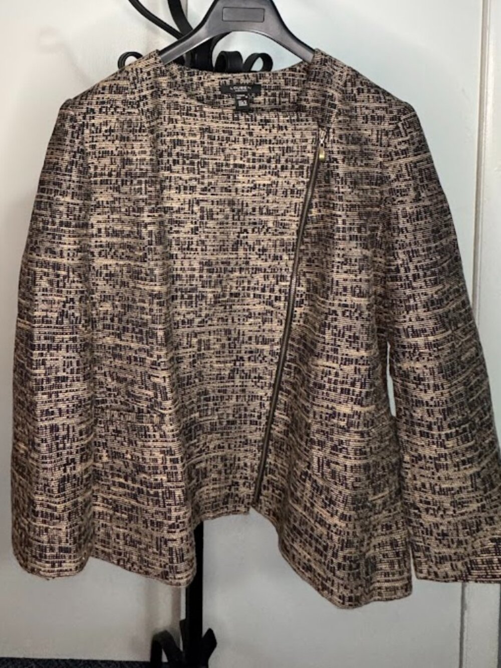 Louben Woman Size 18 Black Tan Textured Asymmetric Zip Jacket